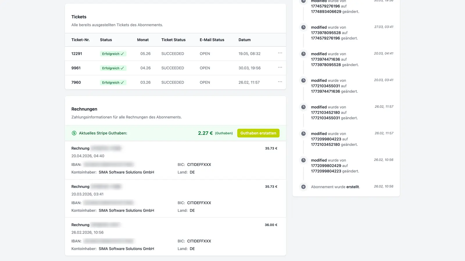Tickets und Rechnungen im Detail eines Abonnements