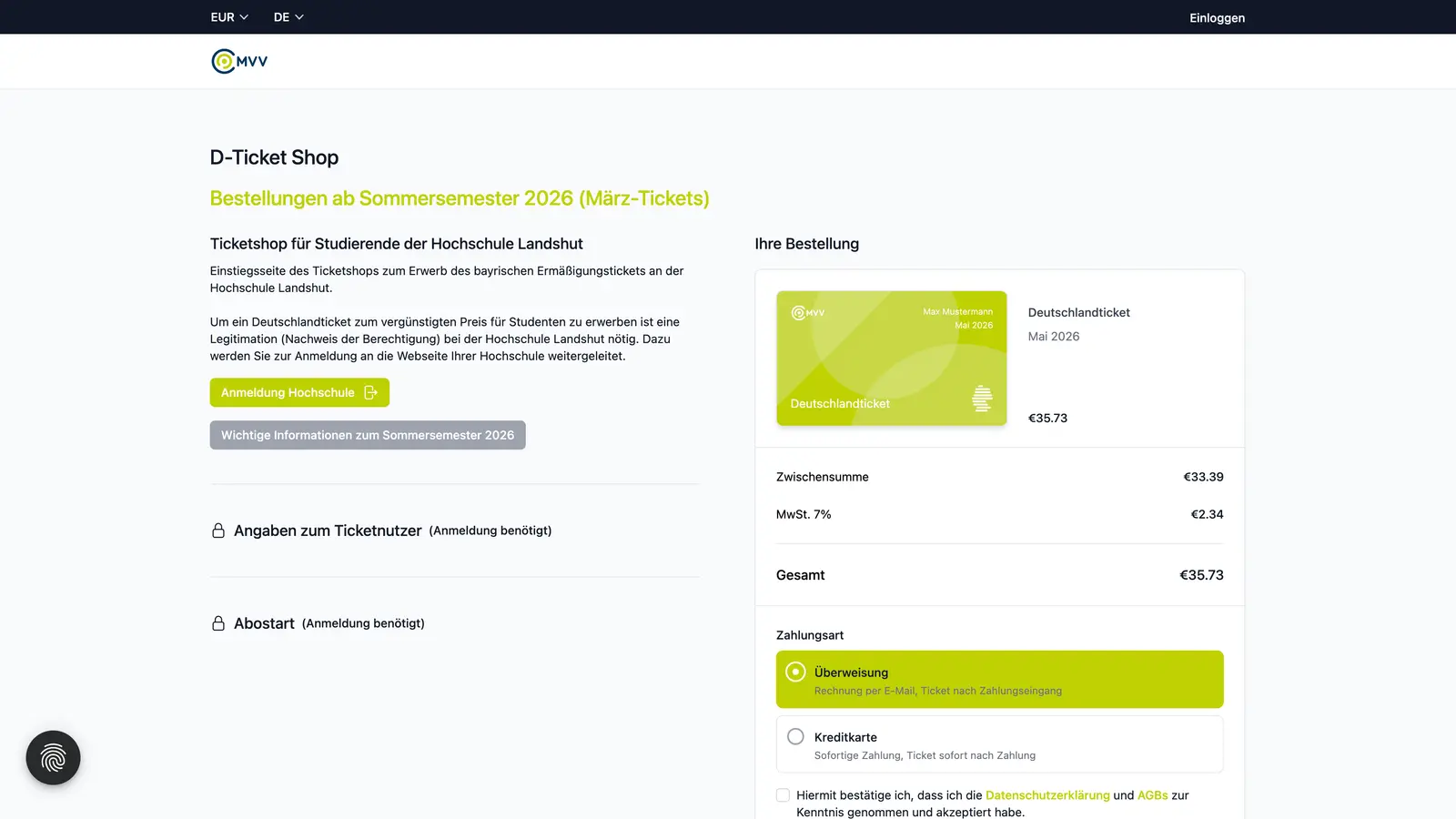 Online-Bestellseite für Deutschlandticket über ein Träger-Portal