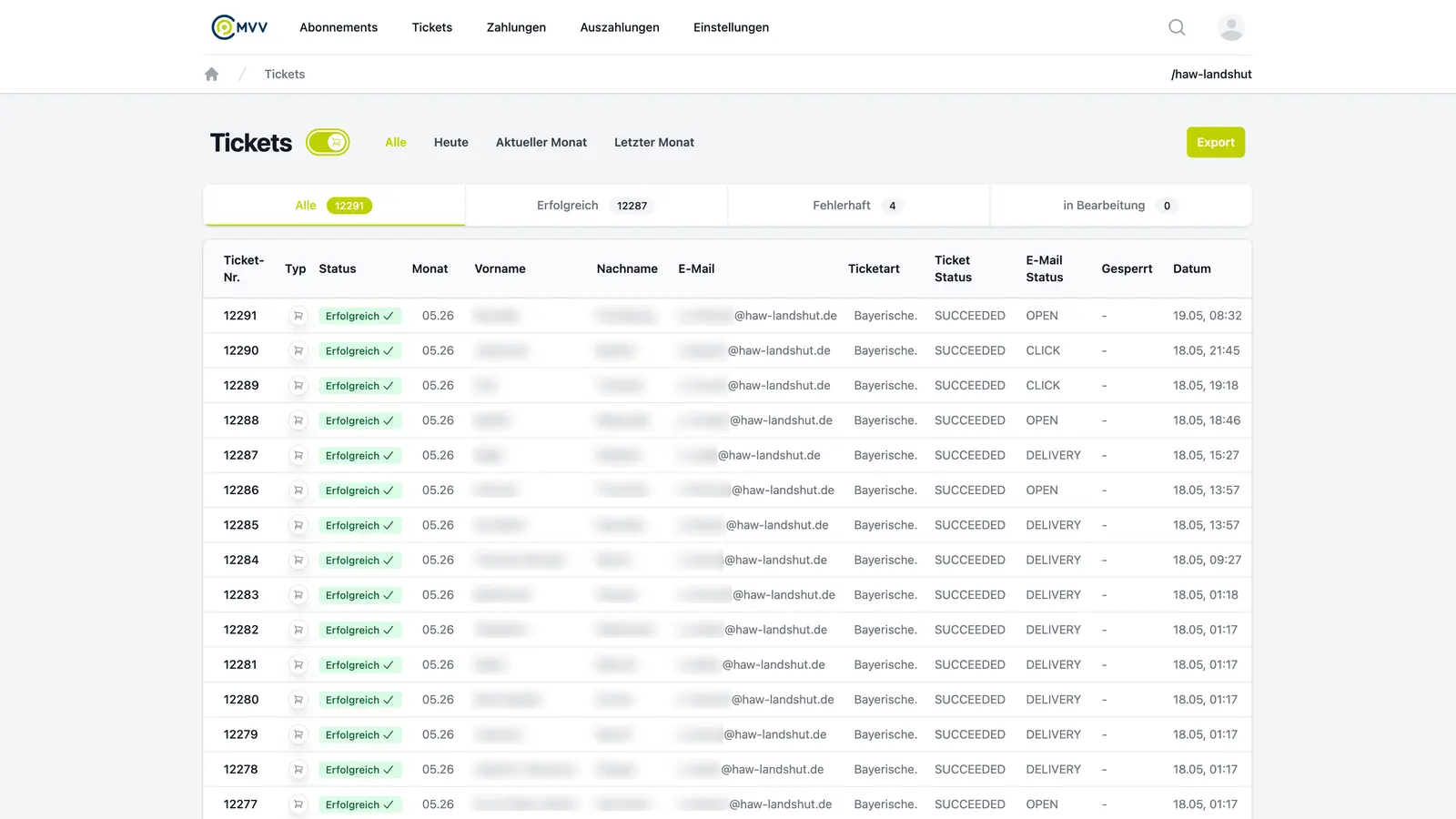Liste aller ausgestellten Tickets mit Versand- und E-Mail-Status