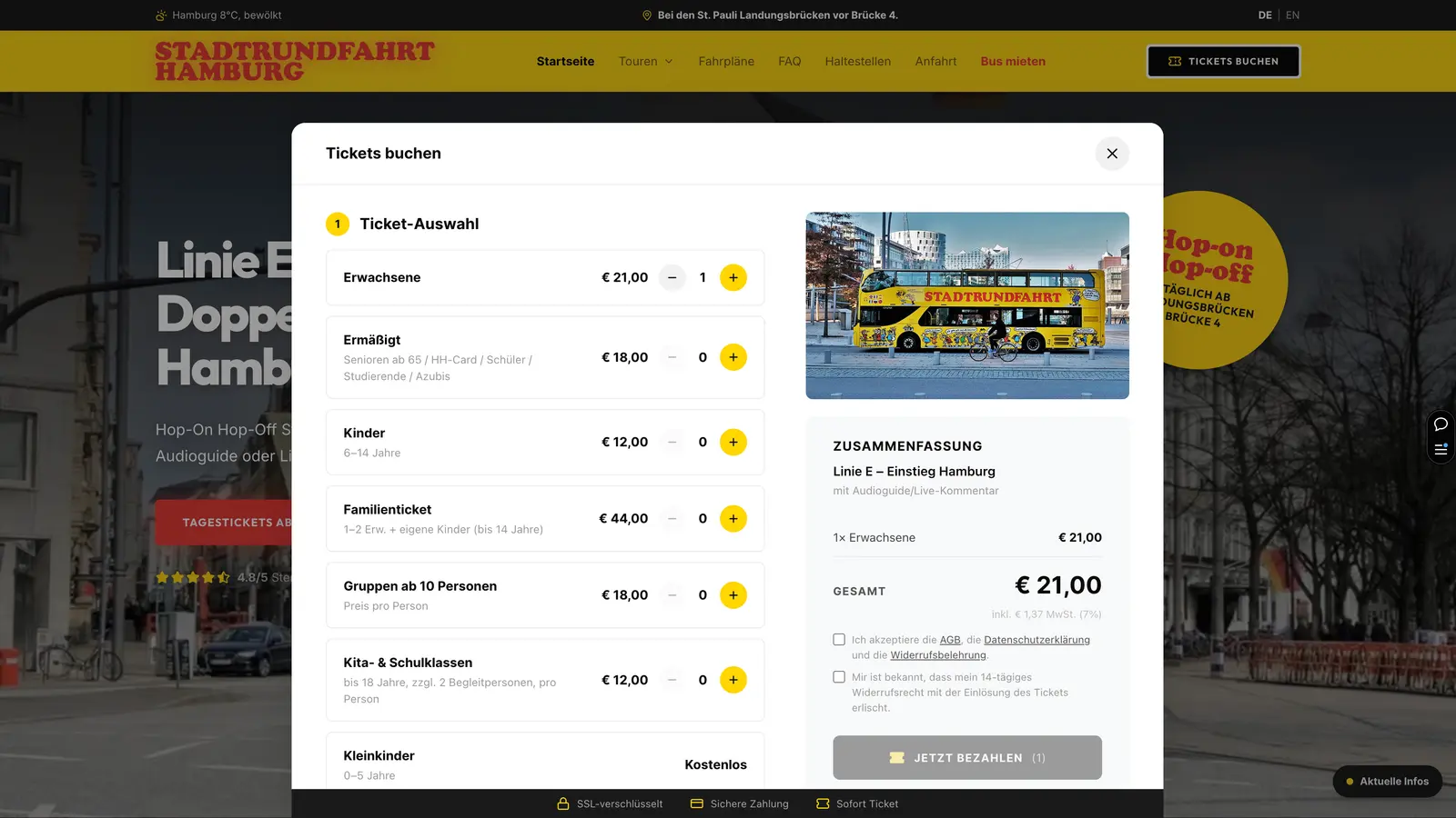 Customer-Buchungsmodal mit Personenauswahl und Preisen auf der Stadtrundfahrt-Website