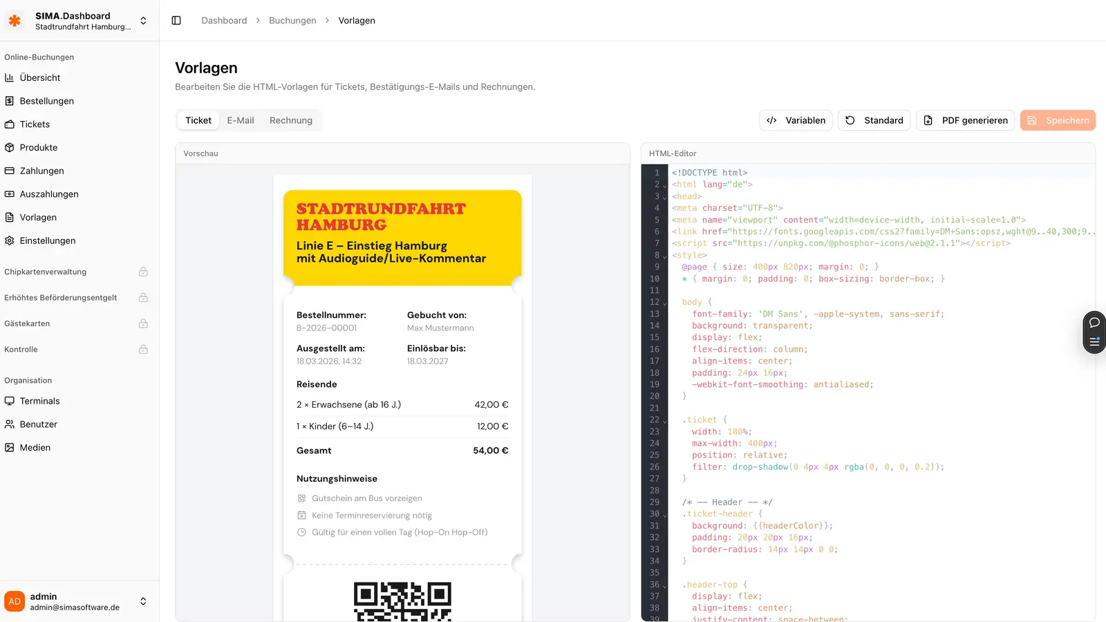 HTML-Editor mit Live-Vorschau für Ticket-, E-Mail- und Rechnungs-Vorlagen
