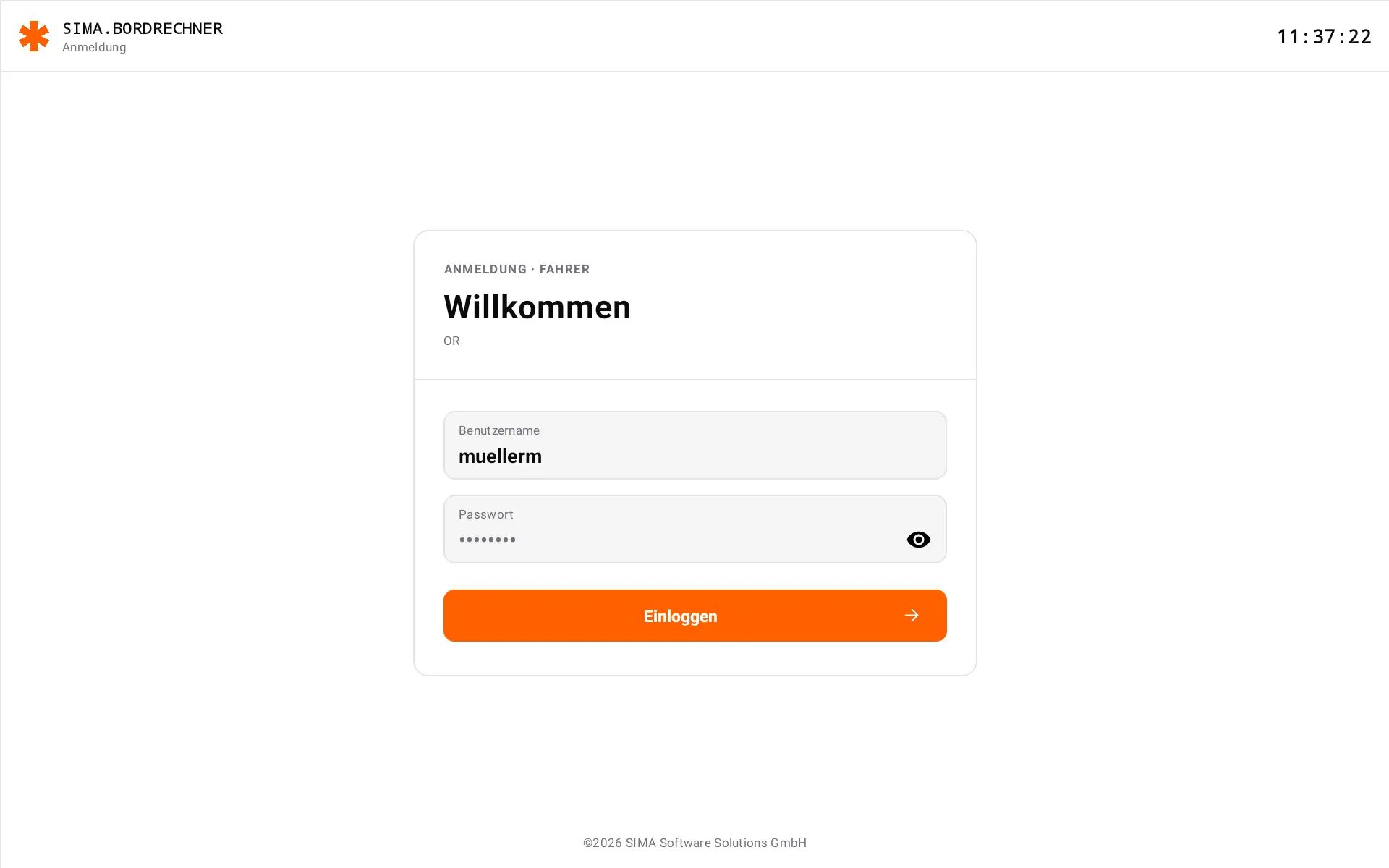 Anmeldemaske mit Benutzername und Passwort für das Verkaufsgerät