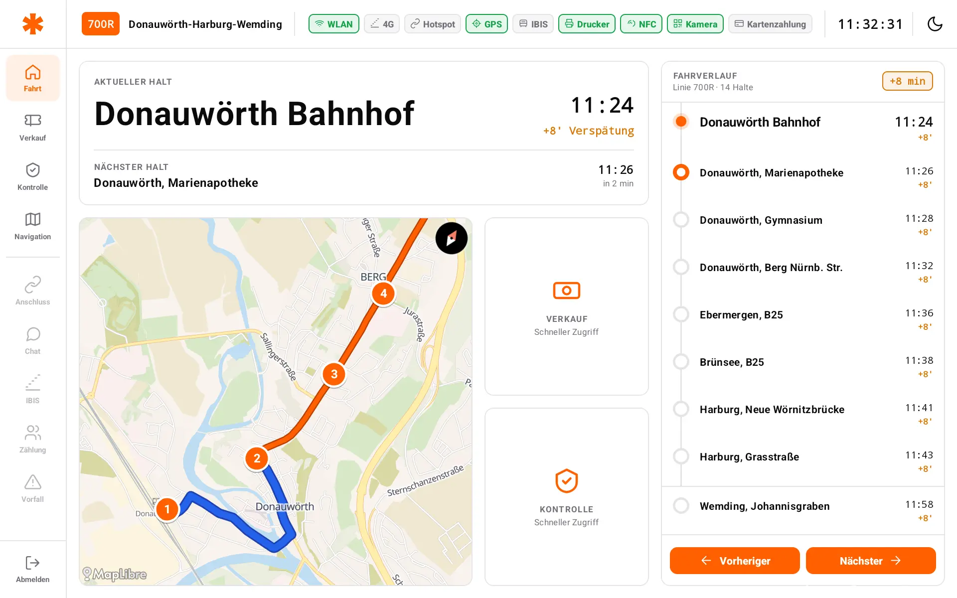 Fahrtansicht mit aktuellem Halt, Karte und Schnellzugriff auf Verkauf und Kontrolle