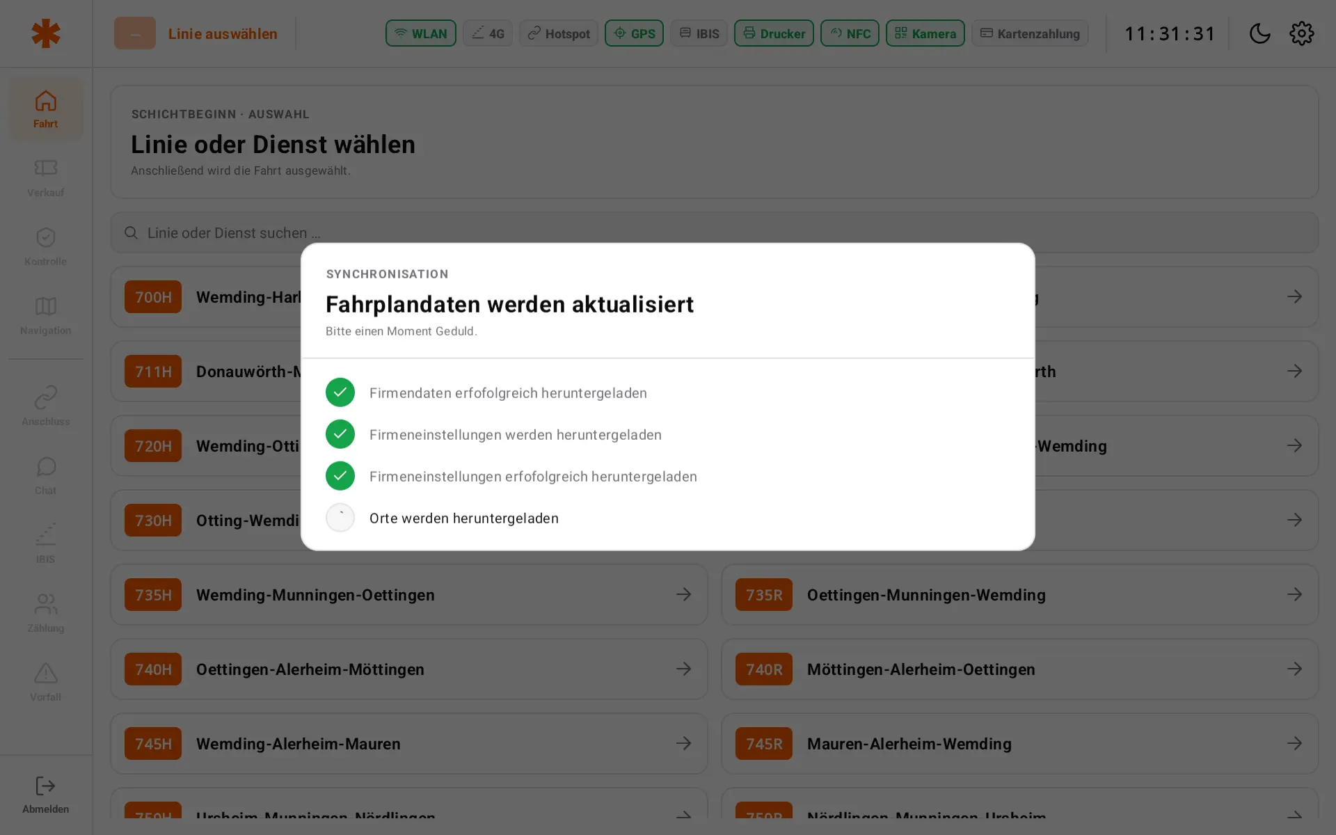 Dialog zur Synchronisation von Firmendaten, Einstellungen und Orten