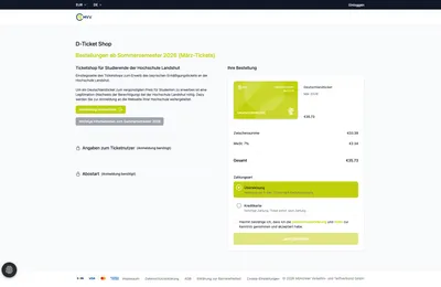 Screenshot des MVV-D-Ticket-Shops für Studierende der Hochschule Landshut