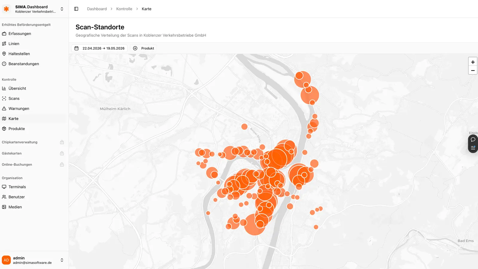 Geografische Visualisierung der Scan-Standorte als Heatmap