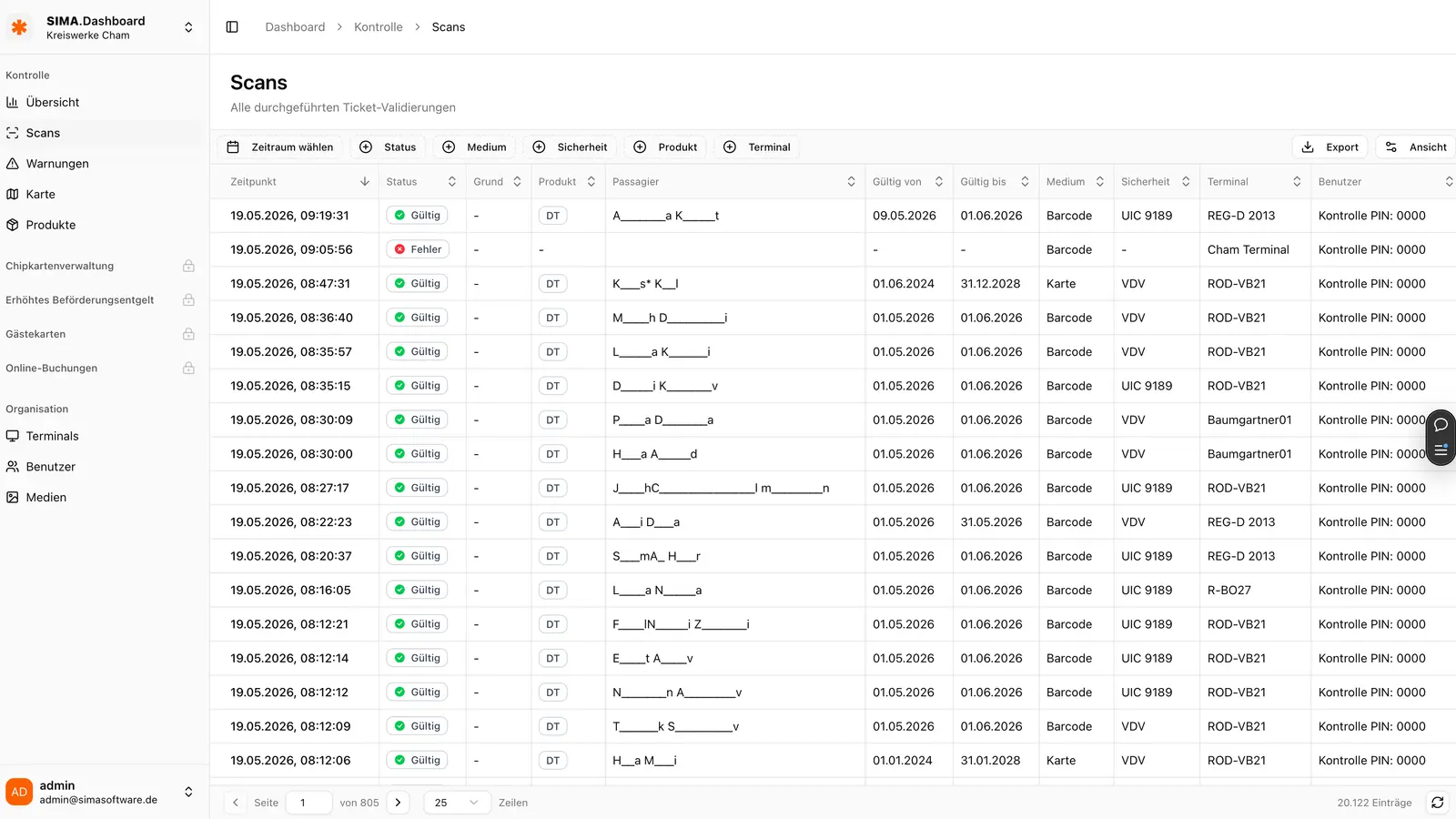 Liste aller Kontroll-Scans mit Status, Medium, Sicherheit und Terminal