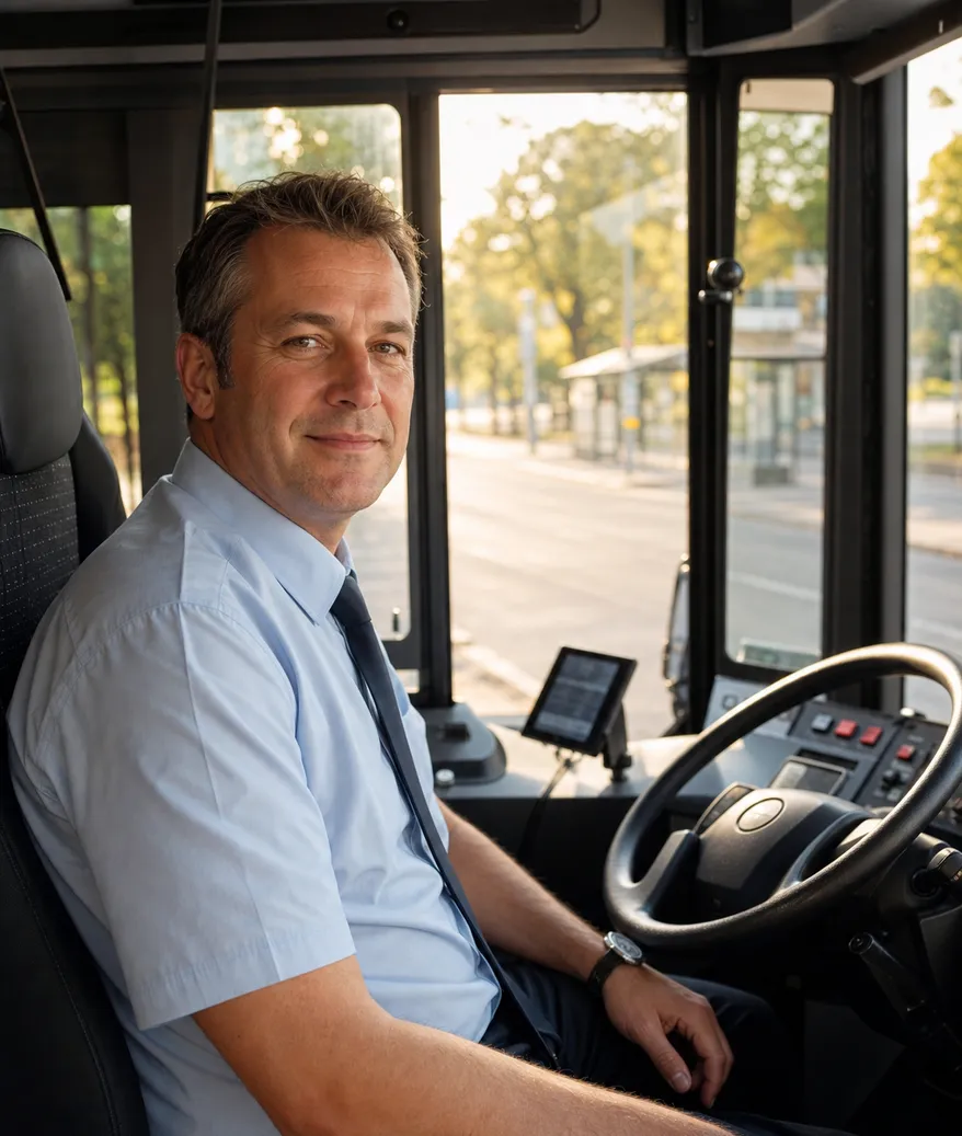 Zufriedener Busfahrer in seinem Linienbus