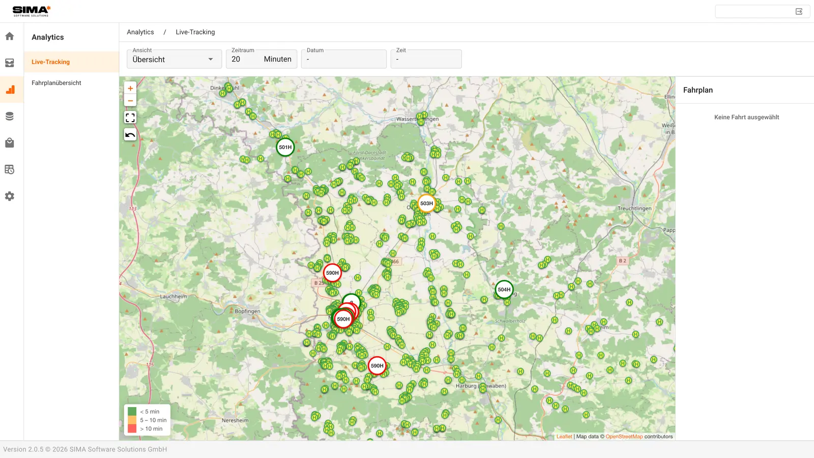 Live-Position aller Fahrzeuge auf einer Karte mit Fahrplan-Anzeige