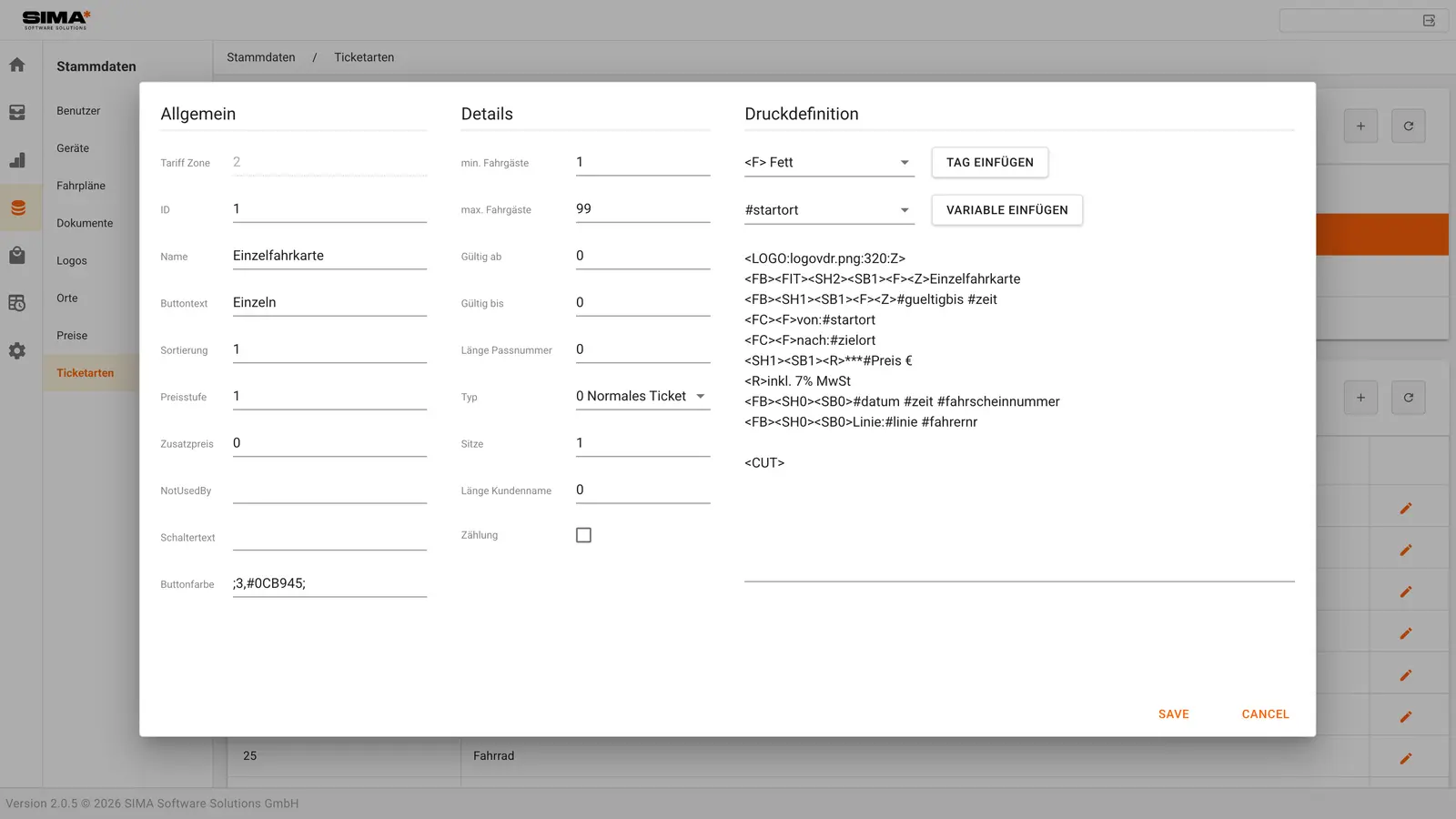 Detail-Konfiguration einer Ticketart inklusive Druckdefinition und Variablen