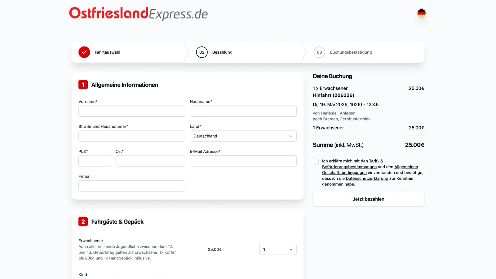Eingabe der Reisendendaten im Checkout