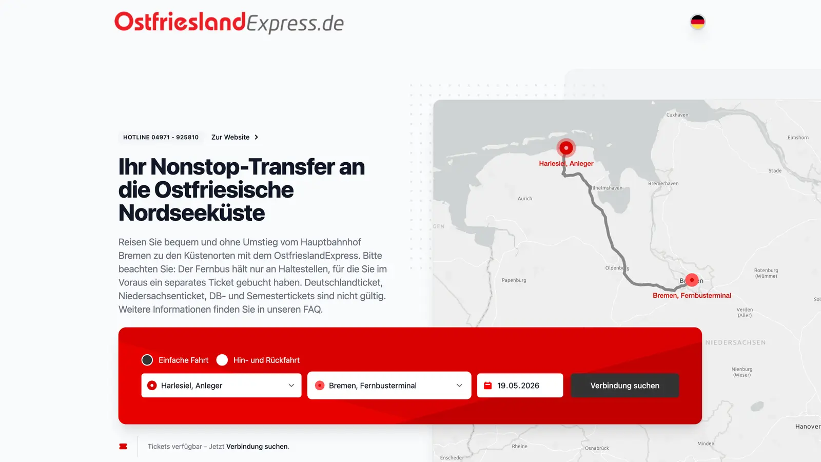 Webshop-Startseite mit Linienkarte und Buchungsformular